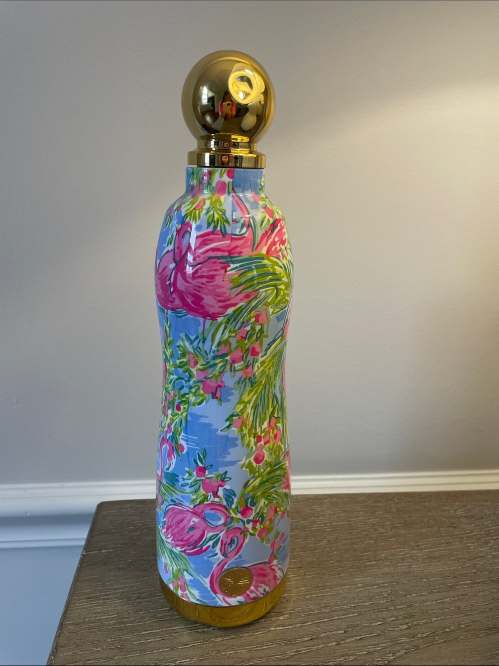 Blue Flamingo Pattern Decorative Bottle with Gold Accents